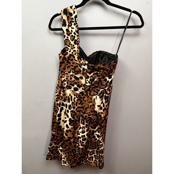 Nanette Lepore Silk Come Hither Dress Womens sz 0 Cheetah One Shoulder Cocktail - Picture 2 of 9